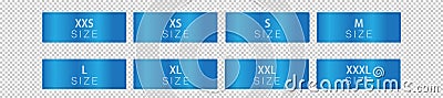 Blue cloth labels with size for apparel, brand tags S, L, M, XL symbols, textile badges with seams and fabric texture. Vector Illustration