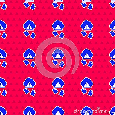 Blue Cloud hacking icon isolated seamless pattern on red background. Cloud leak. Vector Vector Illustration