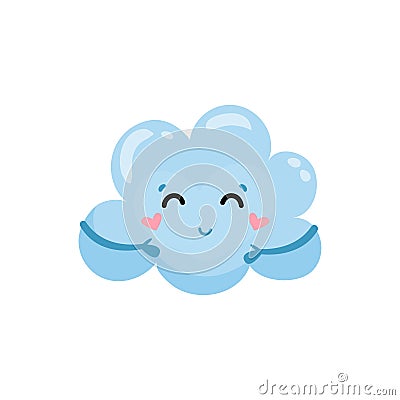 Blue cloud with little hands, charming face and hearts on cheeks. Cartoon weather character. Flat vector element for Vector Illustration