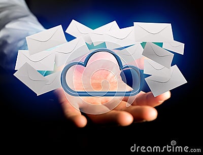 Blue cloud surrounded by realistic envelope email displayed on a Stock Photo