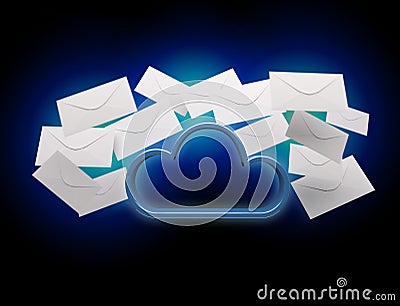 Blue cloud surrounded by realistic envelope email displayed on a Stock Photo