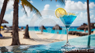 Blue cocktail in a beautiful glass, lemon, day against the sea summer beverage Stock Photo