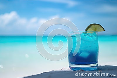 Blue cocktail on the white sand of a paradisiacal beach with the sea in the background. Copy space. Ai generative Stock Photo