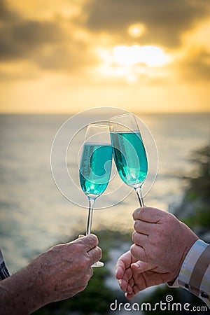 Blue cocktails at Sunset Curacao Views Stock Photo