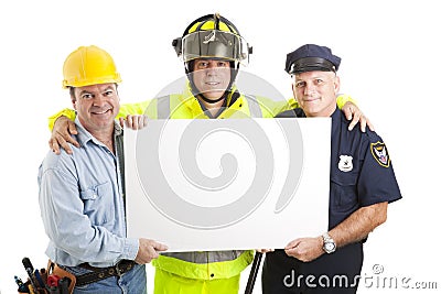 Blue Collar Guys with Sign Stock Photo