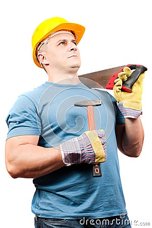 Blue collar worker with tools Stock Photo
