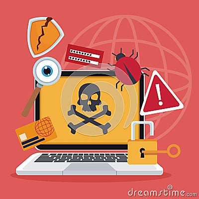 Blue color background laptop with attack virus and icons protection Vector Illustration