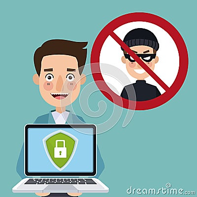 Blue color background man programmer holding laptop with security padlock with chains crossed and prohibited hacker Vector Illustration