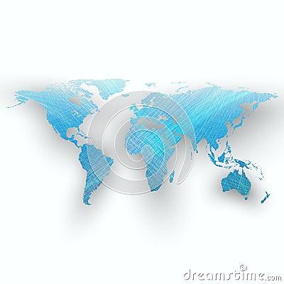 Blue color background with world map, shadow, abstract waves, lines, curves. Motion design. Vector decoration. Vector Illustration