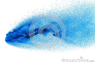 Blue color dust particles splash on white background. Stock Photo