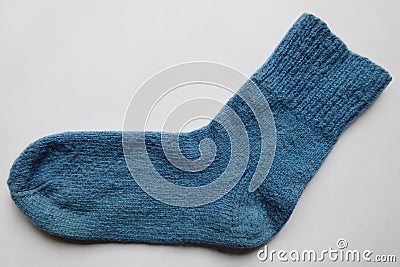 Blue Color Natural Wool Hand Made Knitted Warm Socks Sock On The White Background Stock Photo
