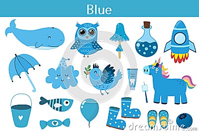 Blue color objects set. Learning colors for kids. Cute elements collection Vector Illustration