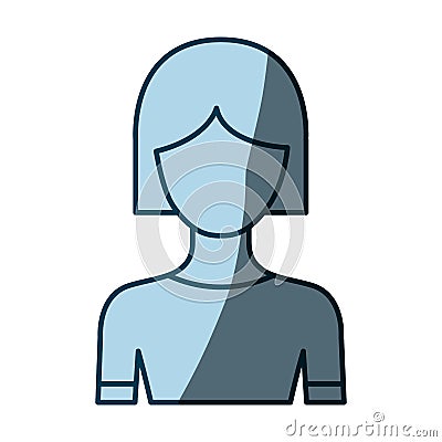 Blue color shading silhouette faceless half body woman with short hair Vector Illustration