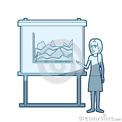 Blue color silhouette shading of businesswoman with ponytail hairstyle making presentation Vector Illustration