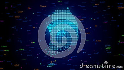 Blue Colorful Shiny Digital Technology Hud Dots Mosaic Grid South Korea Map Light Scanning With Numeric Tech Particles Stock Photo