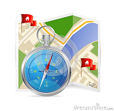 Blue Compass and map. Vector Illustration. Vector Illustration