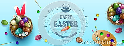 Blue composition with Easter eggs in nests, rabbit ears, palette with paints Vector Illustration