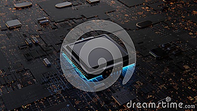 Blue computer electronic chip with blue glow, multiple filter effect, innovative page design, black background, top view, Stock Photo