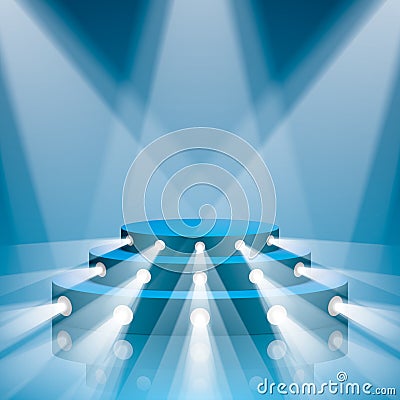 Blue concert scene with projector lighting. Vector Illustration