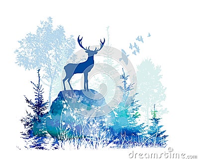 Deer in the forest blue silhouette. Vector illustration Vector Illustration