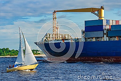 Blue container ship underway Editorial Stock Photo
