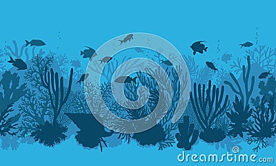 Blue Coral Reef and Fishes Pattern Vector Illustration