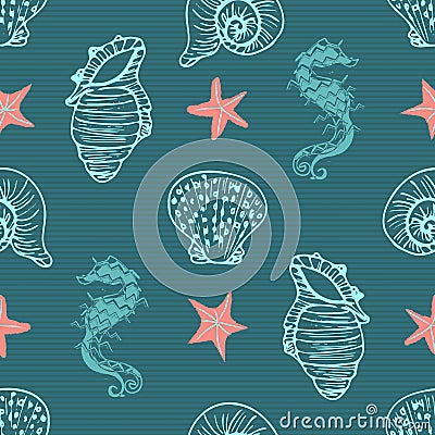 Blue and coral seahorse, starfish and seashell seamless pattern background Stock Photo