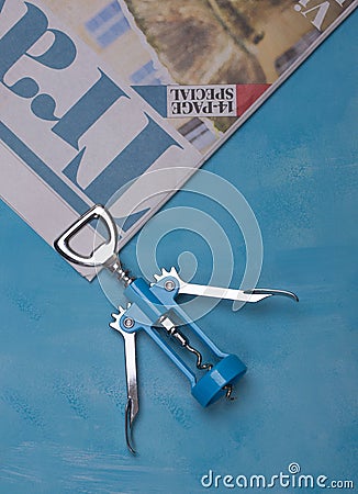 Blue Corkscrew on a blue background Editorial Stock Photo