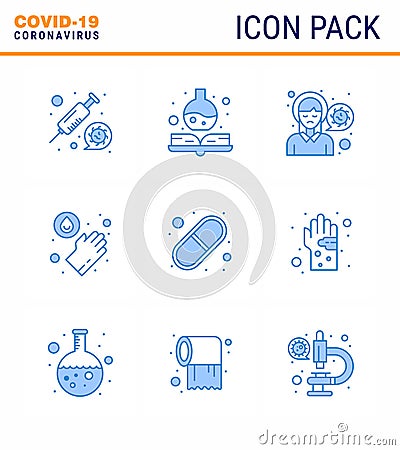 9 Blue Corona Virus pandemic vector illustrations medicine, capsule, headache, washing, hands Vector Illustration