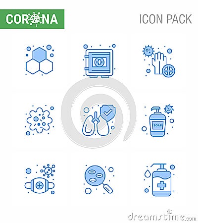 9 Blue Corona Virus pandemic vector illustrations virus, particle, securitybox, infection, hands Vector Illustration