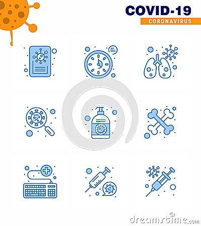 9 Blue Coronavirus Covid19 Icon pack such as cream, virus, infedted, magnifying, glass Vector Illustration