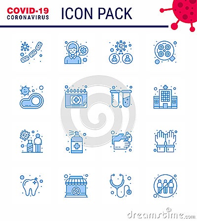 16 Blue Coronavirus Covid19 Icon pack such as surgery, light, sick, virus, people Vector Illustration