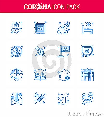 16 Blue coronavirus epidemic icon pack suck as germs, medical room, safe, hospital bed, virus Vector Illustration