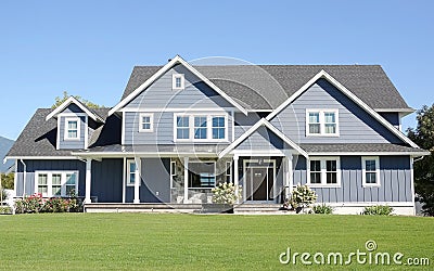 Blue Country Farmhouse Style Home House Exterior Details Stock Photo