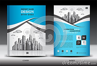 Blue Cover template With city landscape, Annual report cover design, Business brochure flyer template, advertisement Vector Illustration