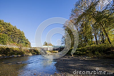Blue covered wooden bridge in Vermont, countryside Stock Photo