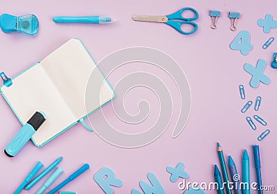 Blue craft accessories with open diary Stock Photo