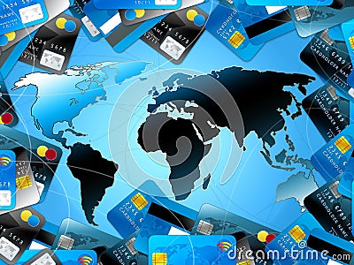 Blue credit cards background with world map Stock Photo