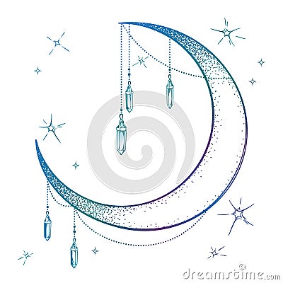 Blue crescent moon with moonstone gem pendants and stars vector illustration. Hand drawn boho style art print poster design, astro Vector Illustration