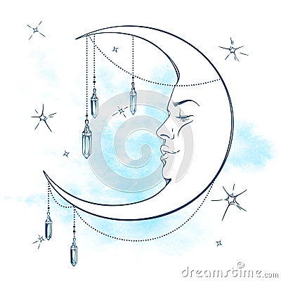 Blue crescent moon with moonstone pendants and stars vector illustration Vector Illustration