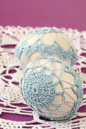 Blue crochet Easter eggs Stock Photo