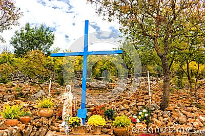 Blue Cross at Apparition Mountain in Medjugorje Stock Photo
