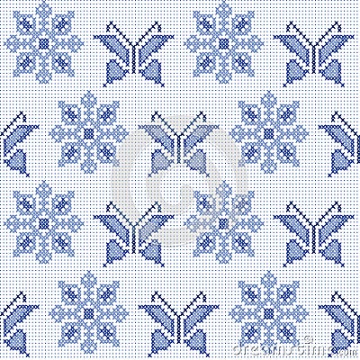 Blue cross stitch traditional embroidery with butterflies and flowers Vector Illustration