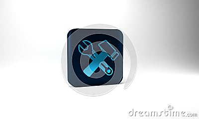 Blue Crossed hammer and wrench spanner icon isolated on grey background. Hardware tools. Blue square button. 3d Cartoon Illustration