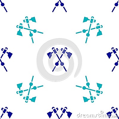 Blue Crossed medieval axes icon isolated seamless pattern on white background. Battle axe, executioner axe. Medieval Vector Illustration