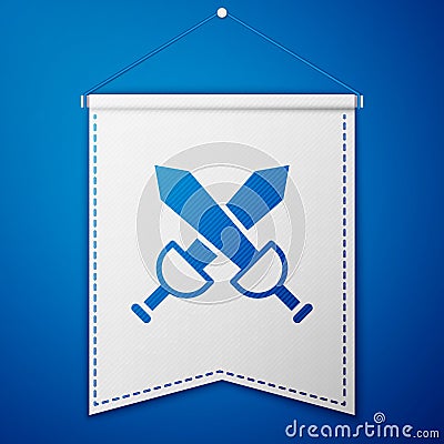 Blue Crossed medieval sword icon isolated on blue background. Medieval weapon. White pennant template. Vector Vector Illustration