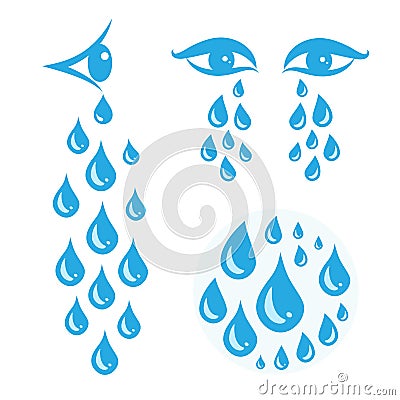 Blue cry cartoon tears icon or sweat drops from eyes Vector Illustration