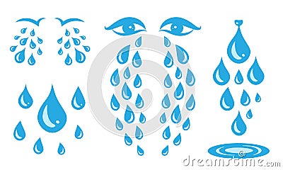 Blue cry cartoon tears icon or sweat drops from eyes Vector Illustration