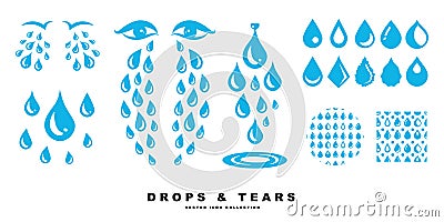 Blue cry cartoon tears icon or sweat drops from eyes Vector Illustration