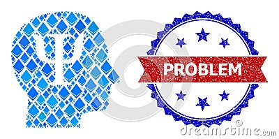 Blue Crystal Collage Psychology Icon and Textured Bicolor Problem Stamp Vector Illustration